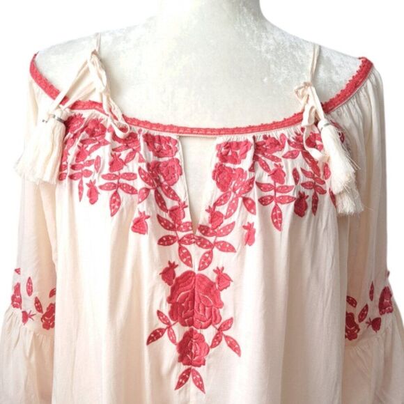 Love Sam Women's Cold Shoulder Salmon Pink Embroidered Boho Hippie Top  Sz XS - Picture 4 of 8